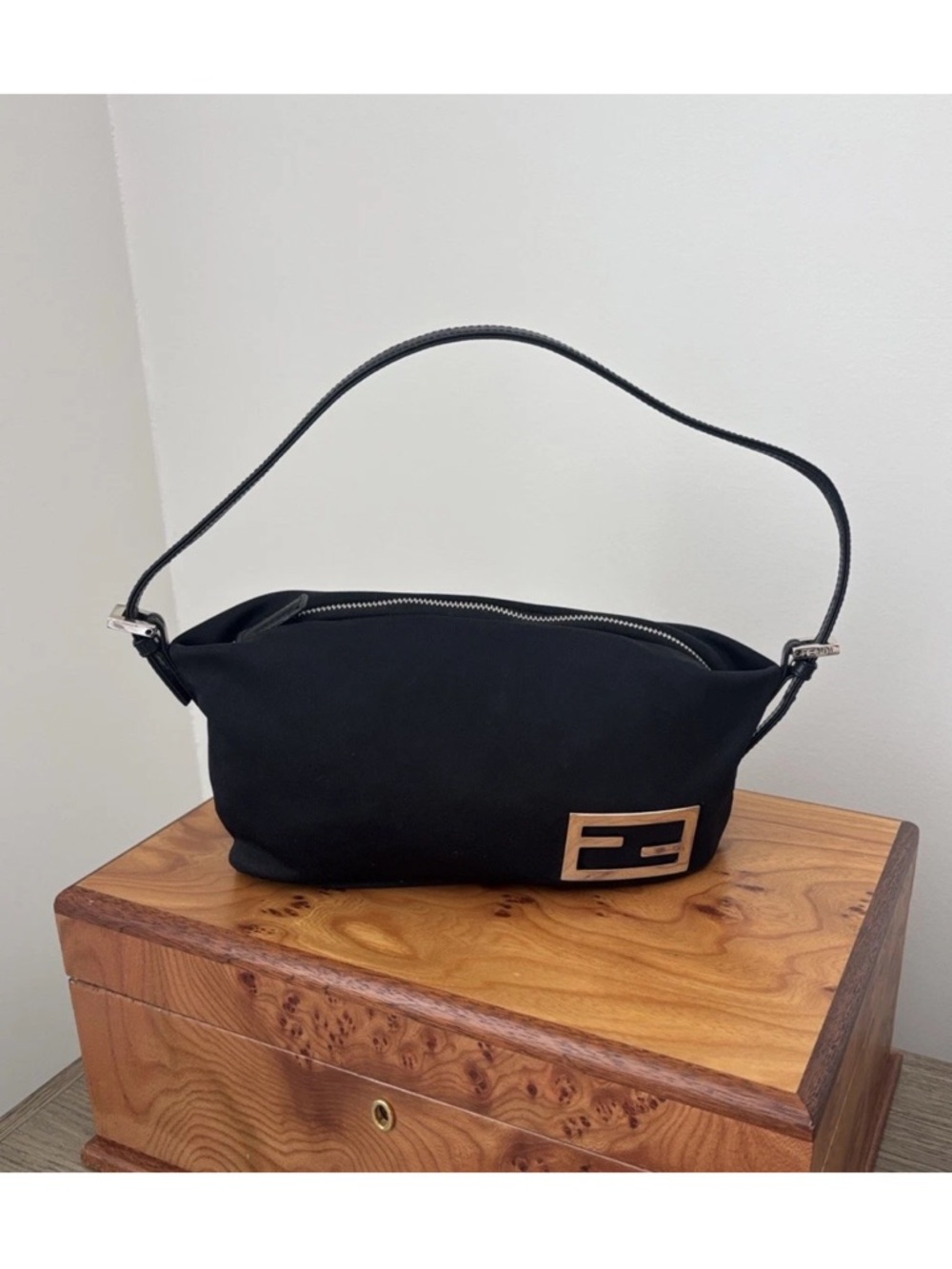 Fendi Black Shoulder Bag with Gold Logo Accent